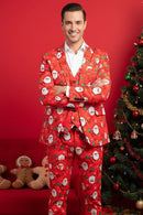 Men's 3-Piece Christmas Santa Printed Red Suit