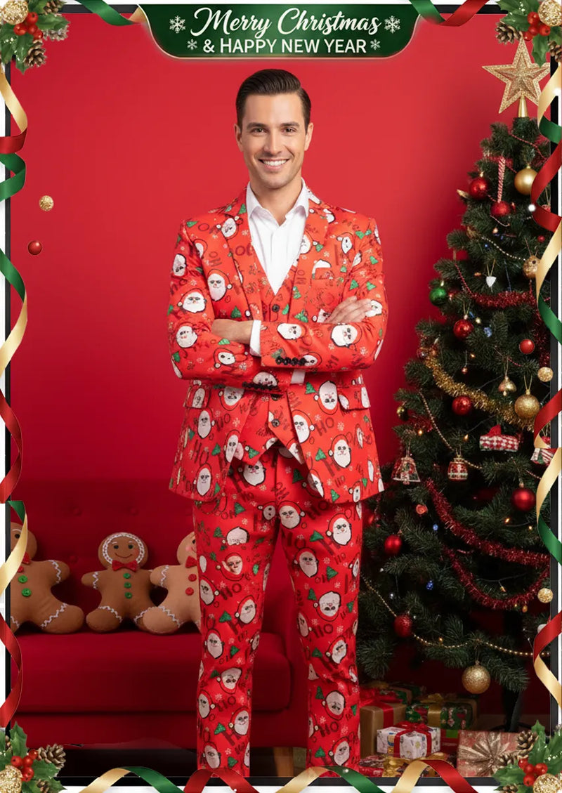 Men's 3-Piece Christmas Santa Printed Red Suit