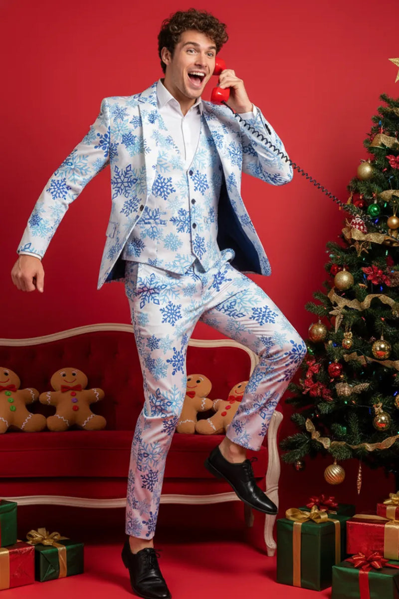 Men's 3-Piece Christmas Snowflake Printed White Suit Men's 3-Piece Christmas Snowflake Printed White Suit