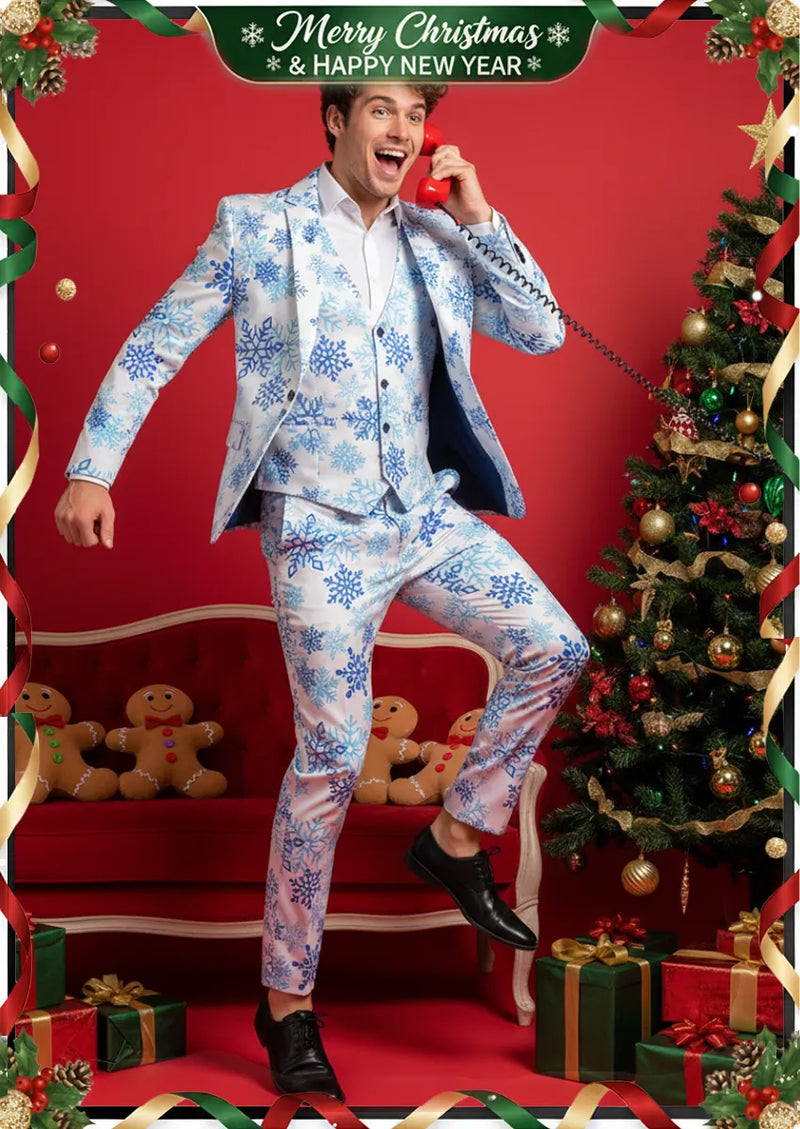 Men's 3-Piece Christmas Snowflake Printed White Suit