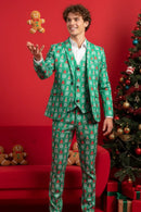 Traje verde de 3 piezas con estampado de árboles de Navidad para hombre 