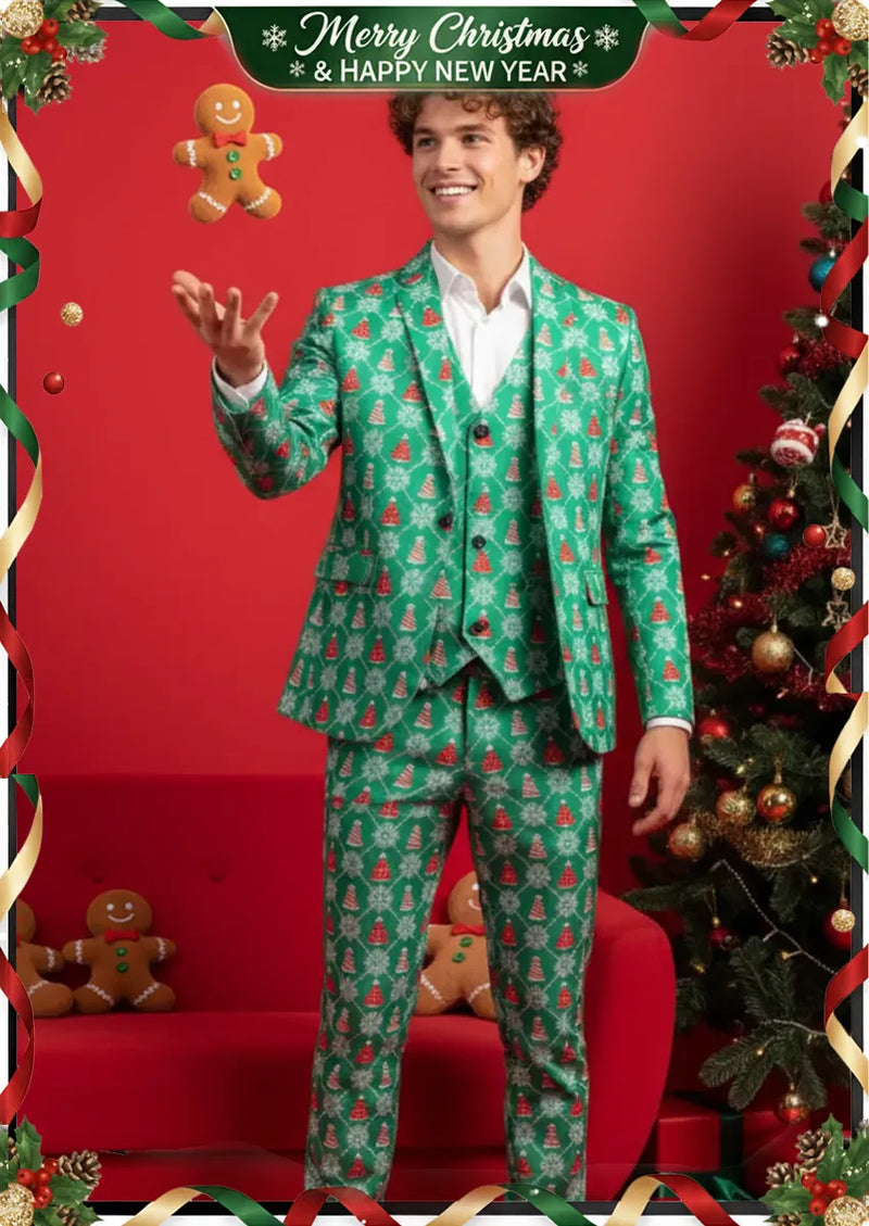 Traje verde de 3 piezas con estampado de árboles de Navidad para hombre 