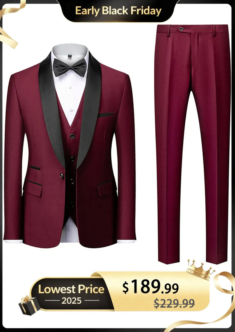 Costume de bal classique 3 pièces bordeaux pour homme