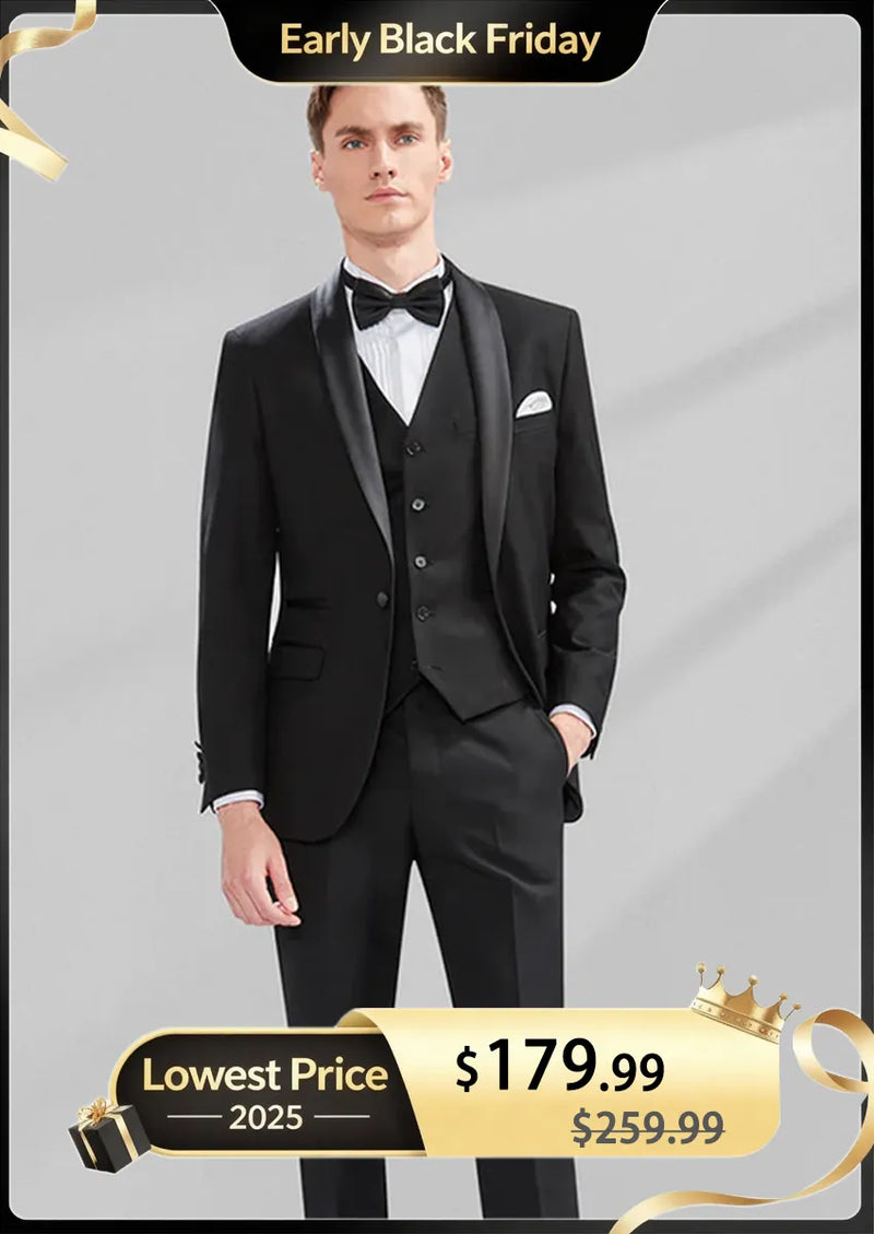 Men's 3-Piece Classic Groom Dresses Elegant Black Groomsmen Suit