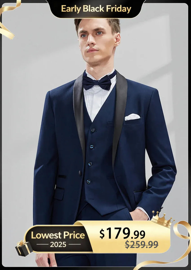 Men's 3-Piece Classic Groom Dresses Navy Blue Groomsmen Suit