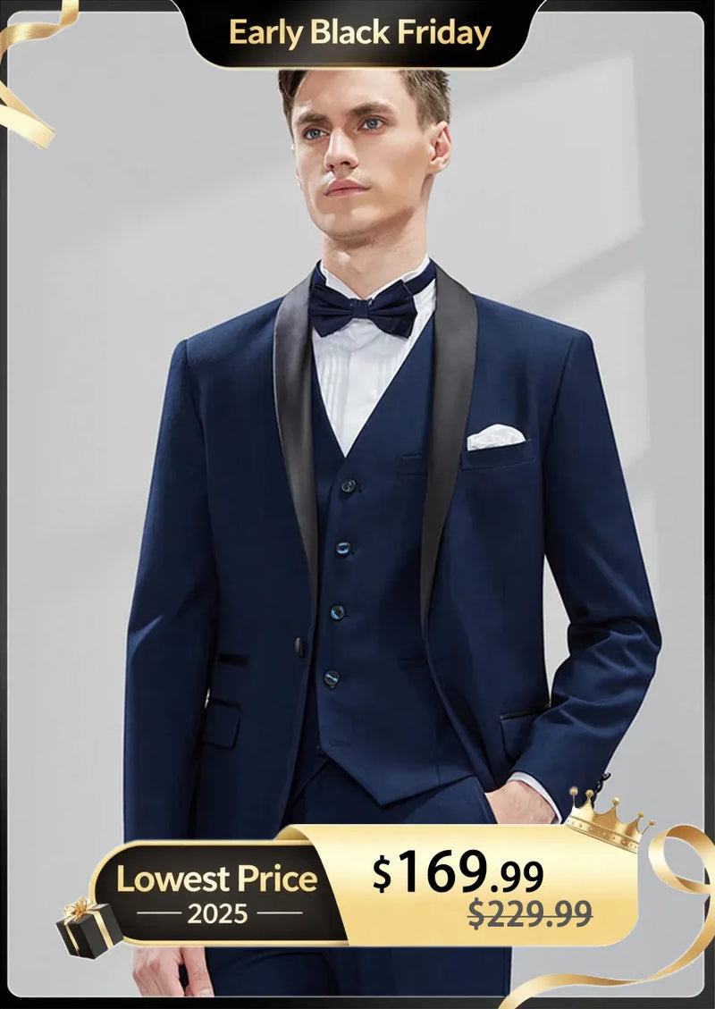 Men's 3-Piece Classic Groom Dresses Navy Blue Groomsmen Suit