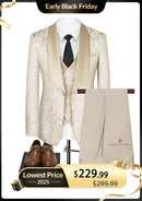 Costume de mariage 3 pièces pour homme en jacquard damassé champagne