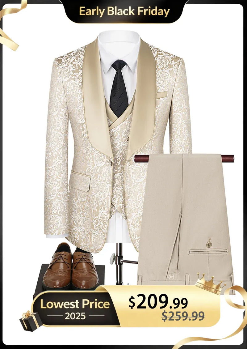 Men's 3-Piece Damask Jacquard Champagne Wedding Suit