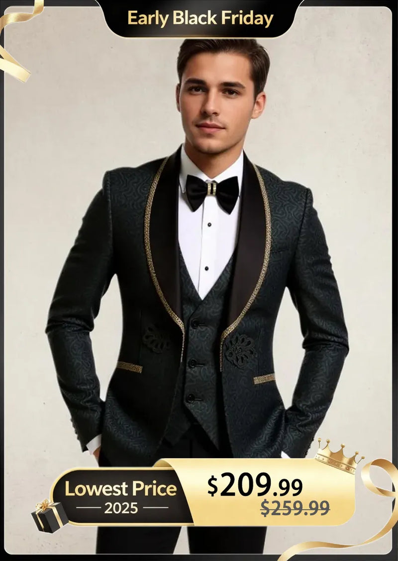 Esmoquin negro de tres piezas con estampado floral y solapa chal para hombre