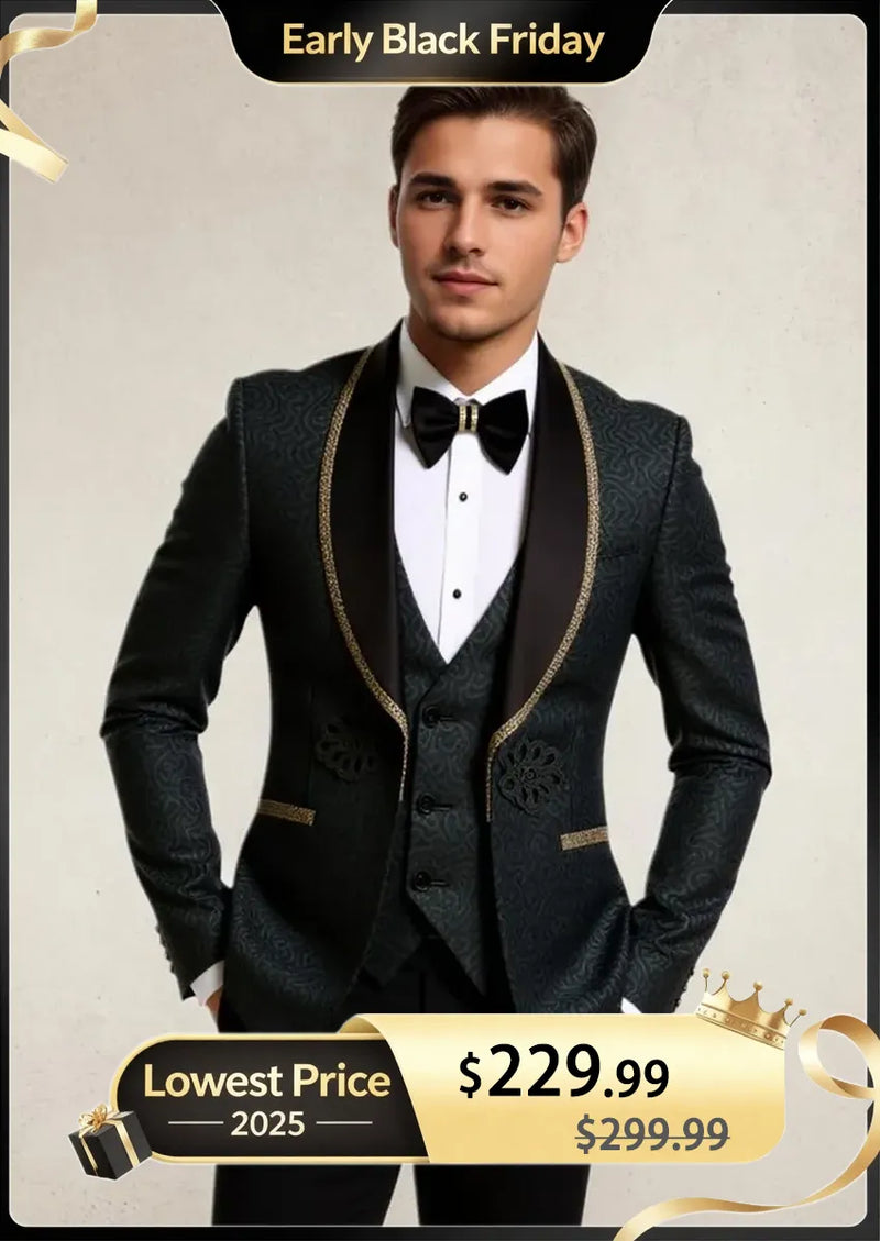 Men's 3-Piece Floral Jacquard Black Tuxedo With Shawl Lapel