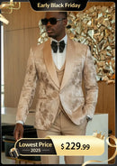 Men's 3-Piece Gold Jacquard Champagne Wedding Tuxedo