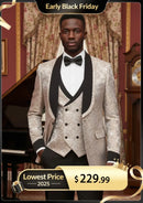 Men's 3-Piece Shawl Collar Leaf Jacquard Beige Tuxedo Set