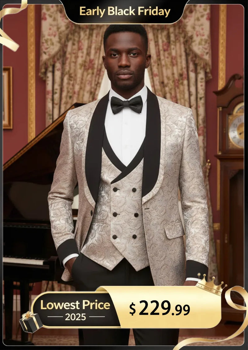 Men's 3-Piece Shawl Collar Leaf Jacquard Beige Tuxedo Set