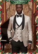 Men's 3-Piece Shawl Collar Leaf Jacquard Beige Tuxedo Set