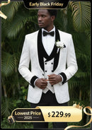 Men's 3-Piece Shawl Collar Leaf Jacquard White Tuxedo Set