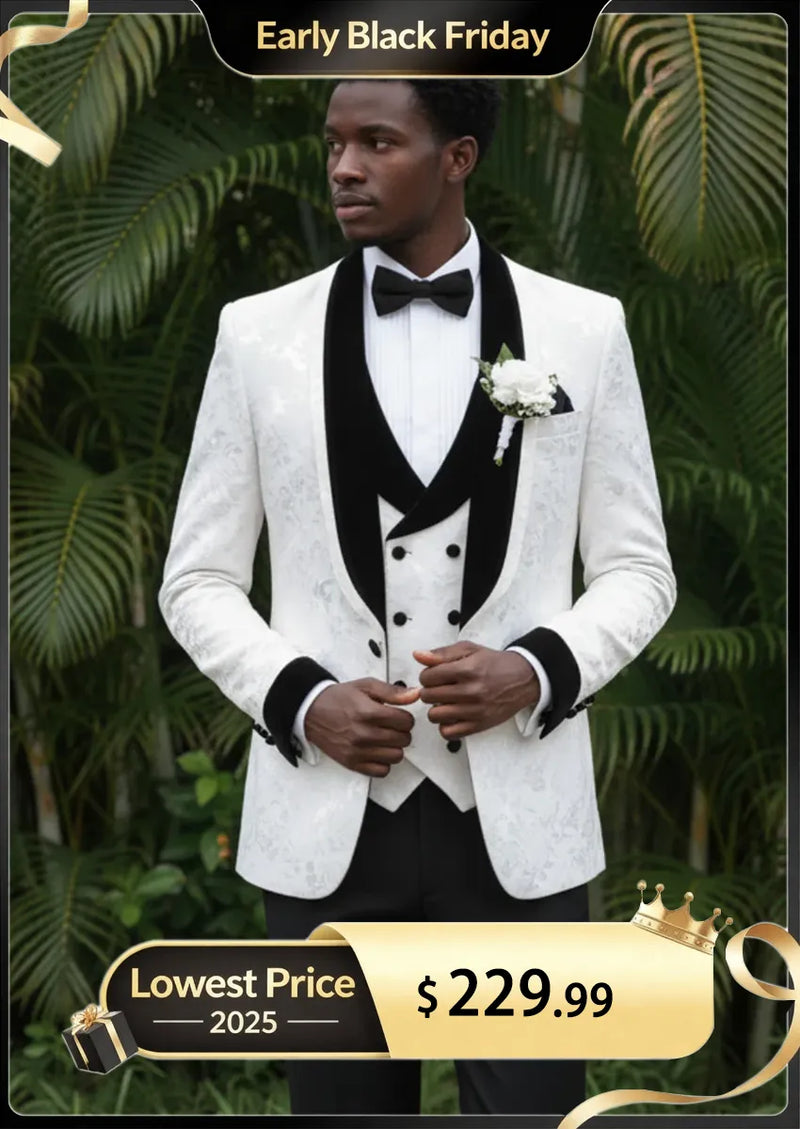 Men's 3-Piece Shawl Collar Leaf Jacquard White Tuxedo Set