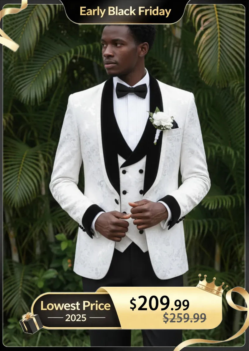Men's 3-Piece Shawl Collar Leaf Jacquard White Tuxedo Set
