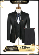 Men's 3-Piece Traditional Collar Black Paisley Fitted Party Suit