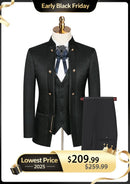 Traje de fiesta de 3 piezas con cuello tradicional y estampado paisley negro para hombre