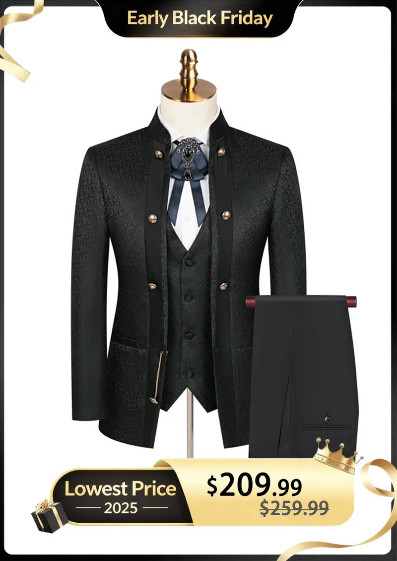 Traje de fiesta de 3 piezas con cuello tradicional y estampado paisley negro para hombre