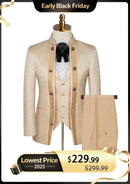 Costume de soirée ajusté 3 pièces pour homme, col traditionnel, motif cachemire champagne