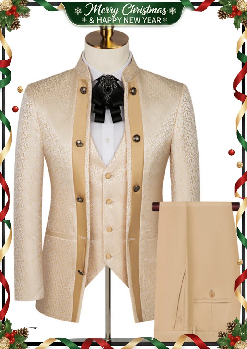 Costume de soirée ajusté 3 pièces pour homme, col traditionnel, motif cachemire champagne