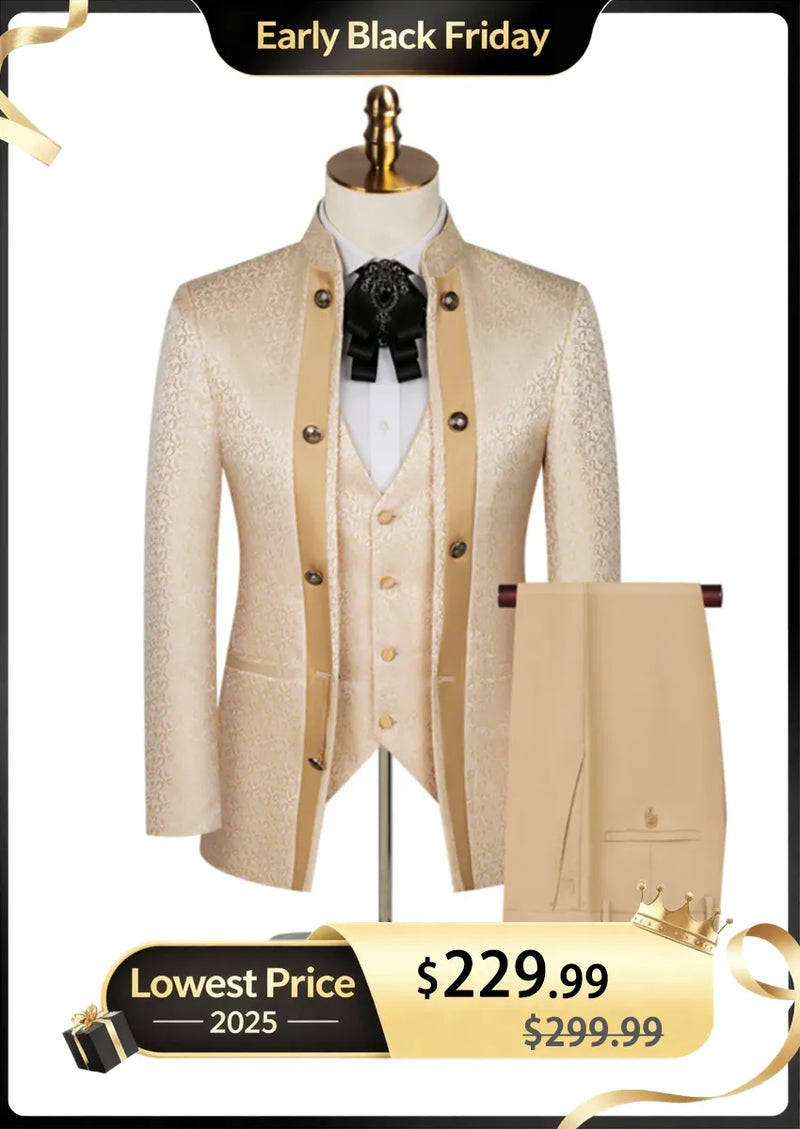 Costume de soirée ajusté 3 pièces pour homme, col traditionnel, motif cachemire champagne
