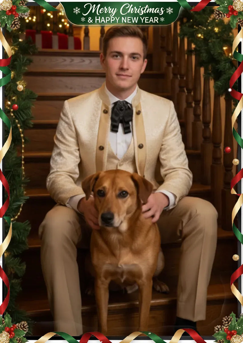 Traje de fiesta entallado de 3 piezas con cuello tradicional y estampado paisley color champán para hombre