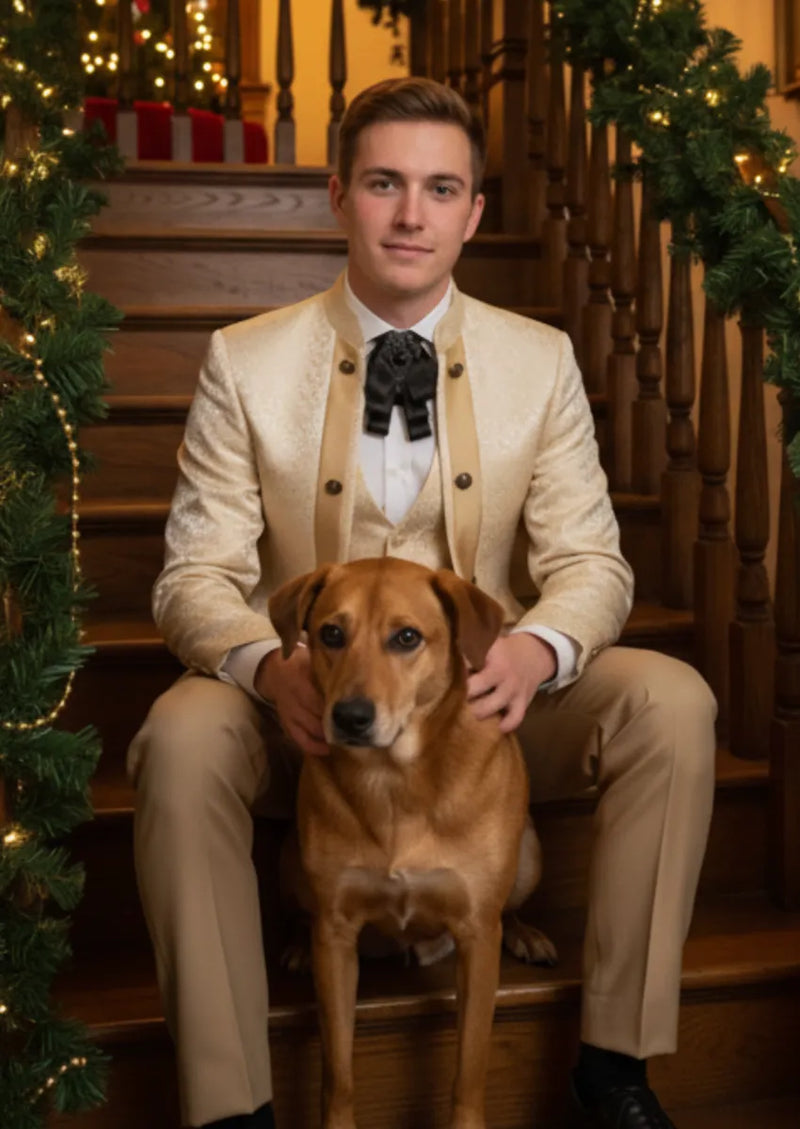 Traje de fiesta entallado de 3 piezas con cuello tradicional y estampado paisley color champán para hombre