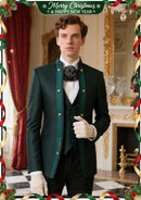 Costume de soirée ajusté 3 pièces pour homme, col traditionnel, motif cachemire vert