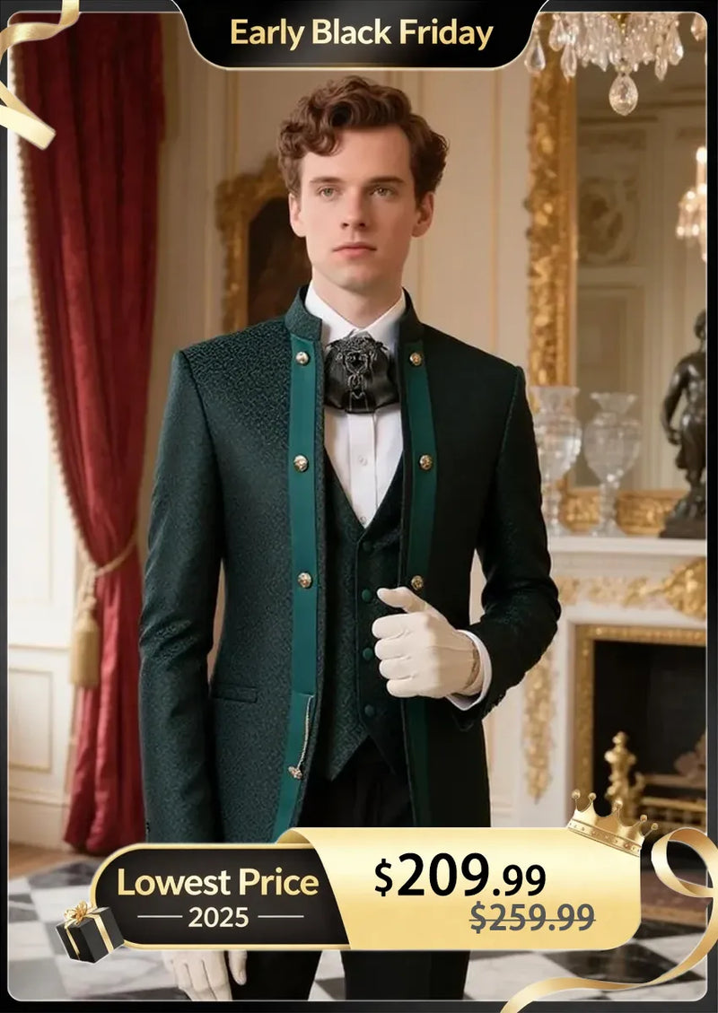 Costume de soirée ajusté 3 pièces pour homme, col traditionnel, motif cachemire vert