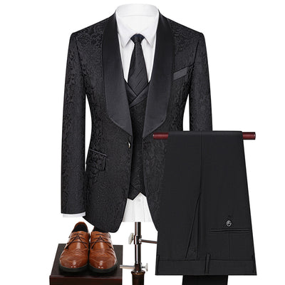 Men's 3-Piece Vintage Style Damask Jacquard Black Suit