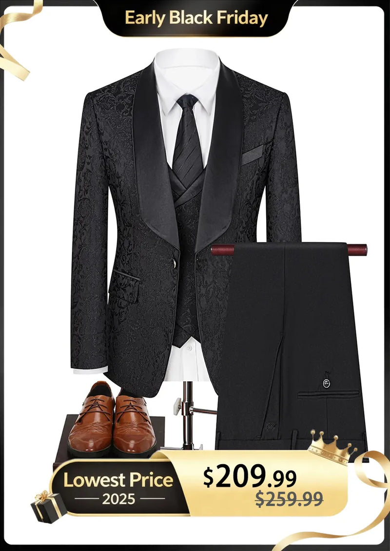 Men's 3-Piece Vintage Style Damask Jacquard Black Suit