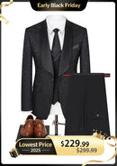 Men's 3-Piece Vintage Style Damask Jacquard Black Suit