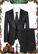 Men's 3-Piece Vintage Style Damask Jacquard Black Suit