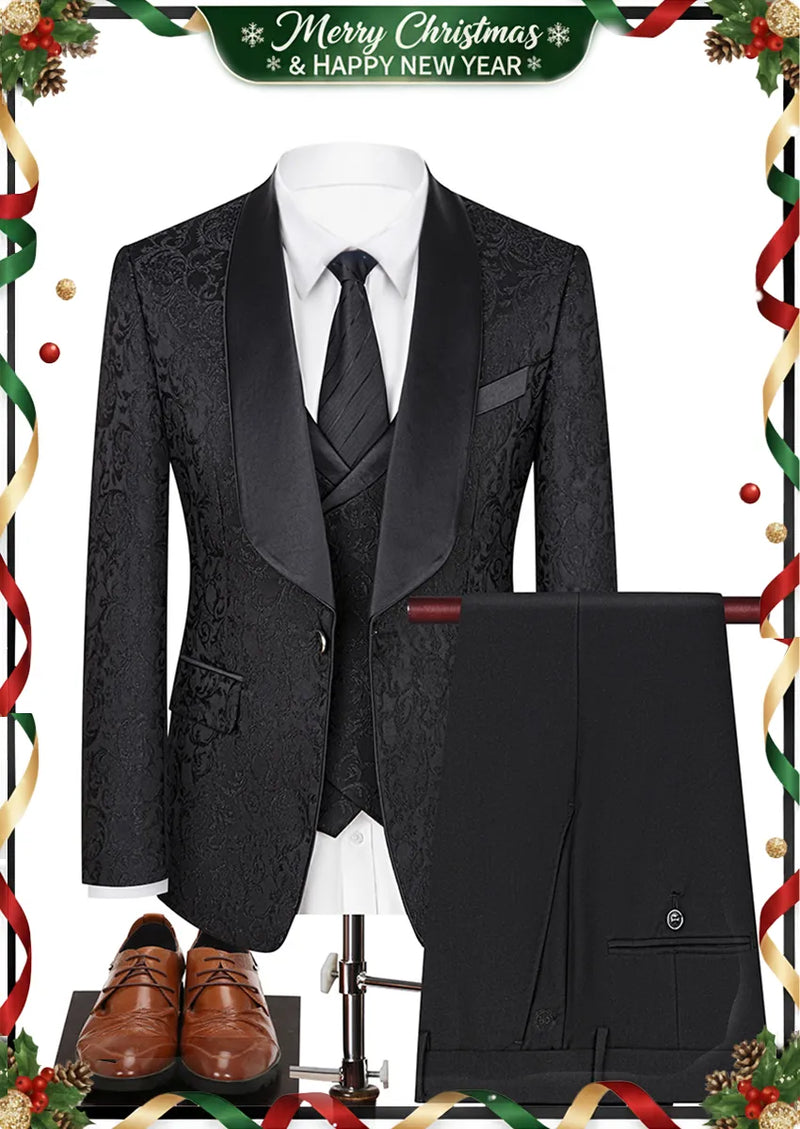 Men's 3-Piece Vintage Style Damask Jacquard Black Suit
