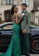 Men's 3-Piece Vintage Style Gold Damask Jacquard Green Tuxedo