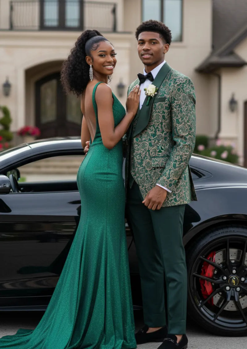 Men's 3-Piece Vintage Style Gold Damask Jacquard Green Tuxedo