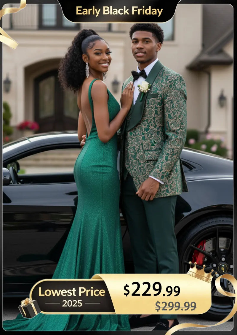 Men's 3-Piece Vintage Style Gold Damask Jacquard Green Tuxedo