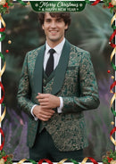 Traje de tres piezas estilo vintage para hombre, de jacquard dorado y damasco verde