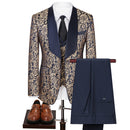 Men's 3-Piece Vintage Style Gold Damask Jacquard Navy Blue Tuxedo