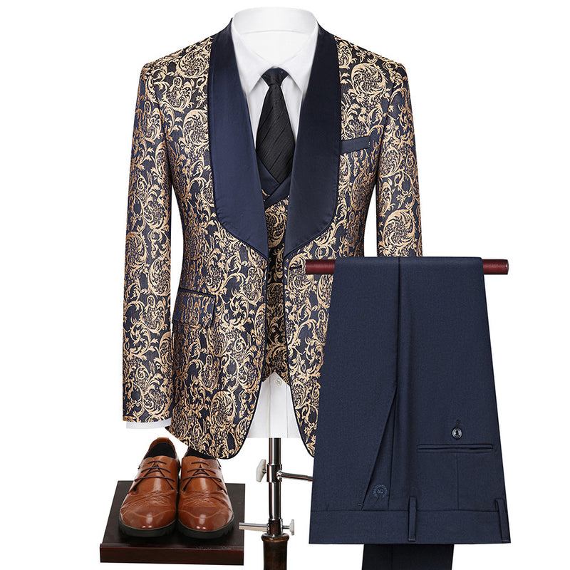 Men's 3-Piece Vintage Style Gold Damask Jacquard Navy Blue Suit