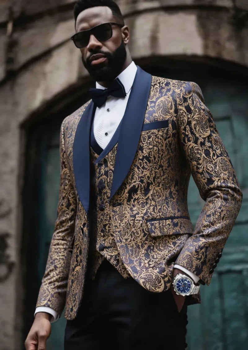 Men's 3-Piece Vintage Style Gold Damask Jacquard Navy Blue Tuxedo
