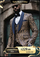 Men's 3-Piece Vintage Style Gold Damask Jacquard Navy Blue Tuxedo