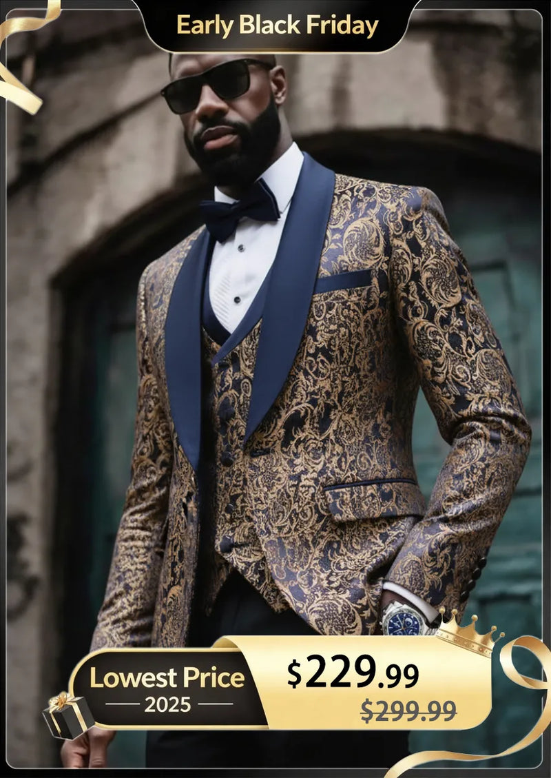 Men's 3-Piece Vintage Style Gold Damask Jacquard Navy Blue Tuxedo