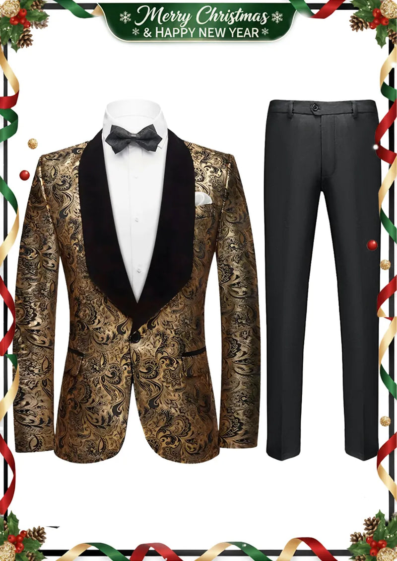 Costume homme à motif cachemire noir et doré avec revers châle en velours