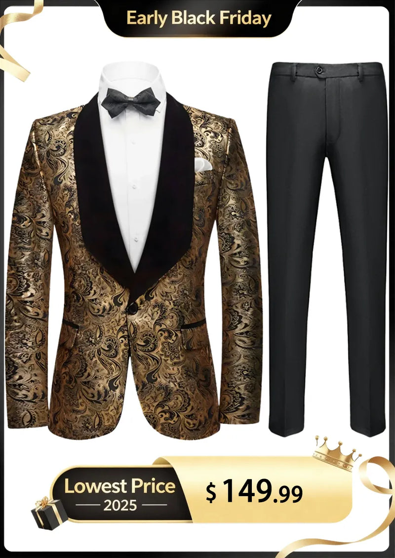 Traje de hombre con estampado paisley dorado y negro y solapa chal de terciopelo