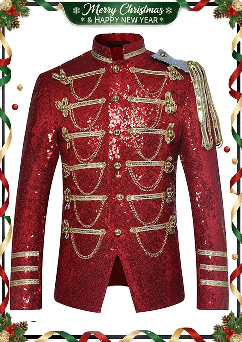 Men's Classic Military Style Stage Full Red Sequin Jacket