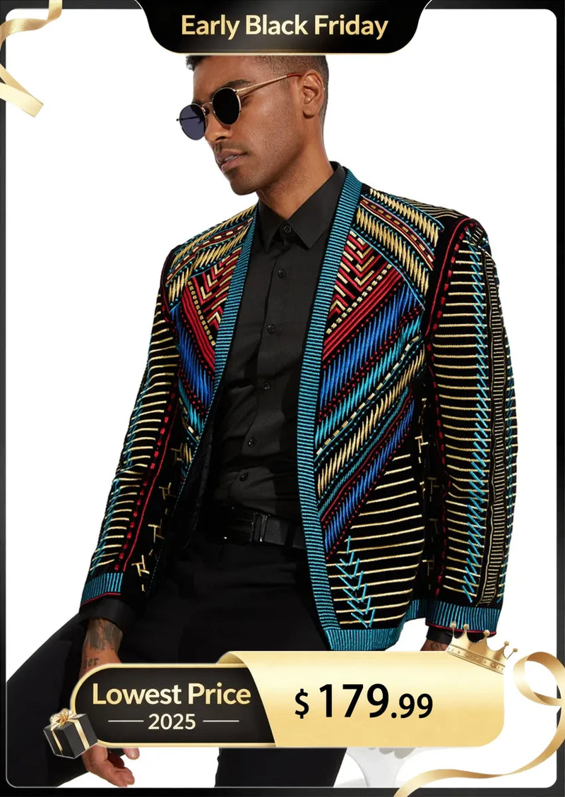 Men's Embroidered Geometric Pattern Blue and Gold Tuxedo