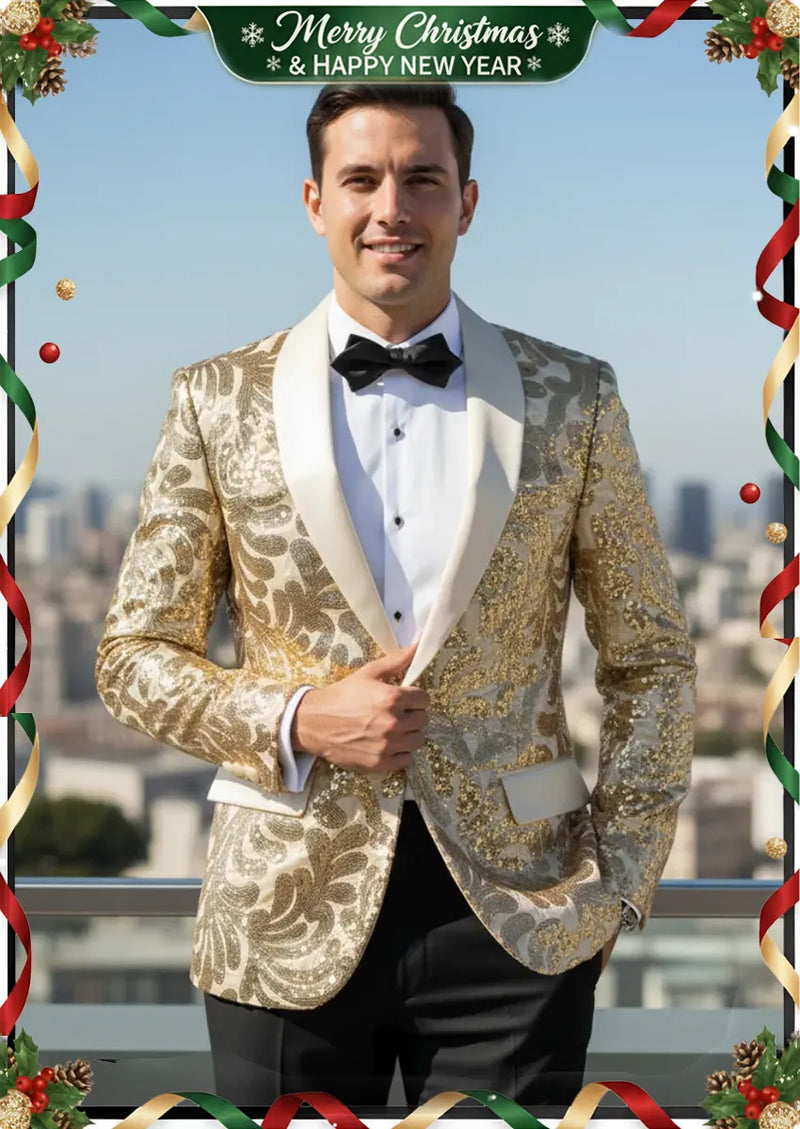Chaqueta de esmoquin con solapa chal y lentejuelas florales color champán para hombre